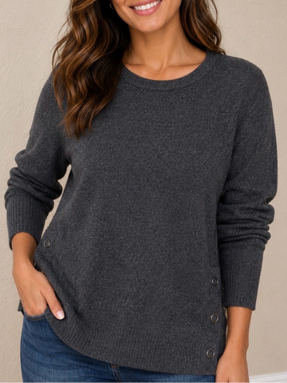 SO Juniors Women’s Charcoal Button-Side Crewneck Sweater waffle knit SZ SM